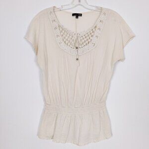 RXB Women's Cream Short Sleeve Peasant Top with Crochet Detail - Size S Bohemian